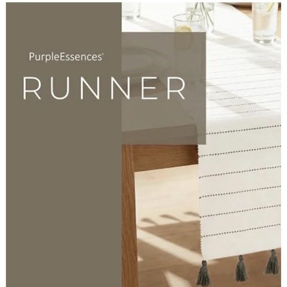 PurpleEssences Cotton Table Runner 14x72 White Gray Stripe Tassels Farmhouse NEW